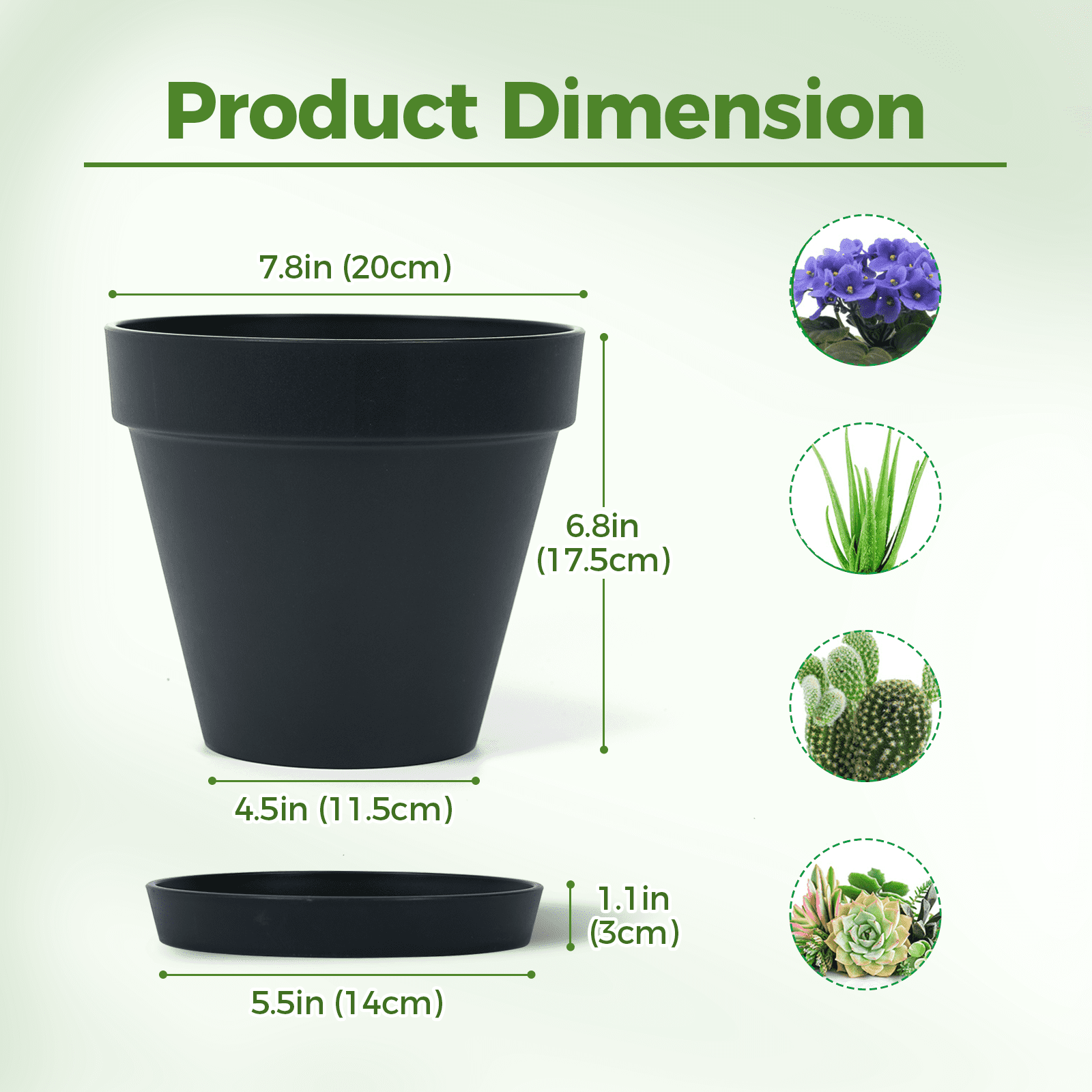 JF Black Plastic Plant Pot with Saucer, 8 Inch Modern Decorative Planter with Drainage Tray for Indoor Outdoor Plants, Flowers, Succulents, Herbs