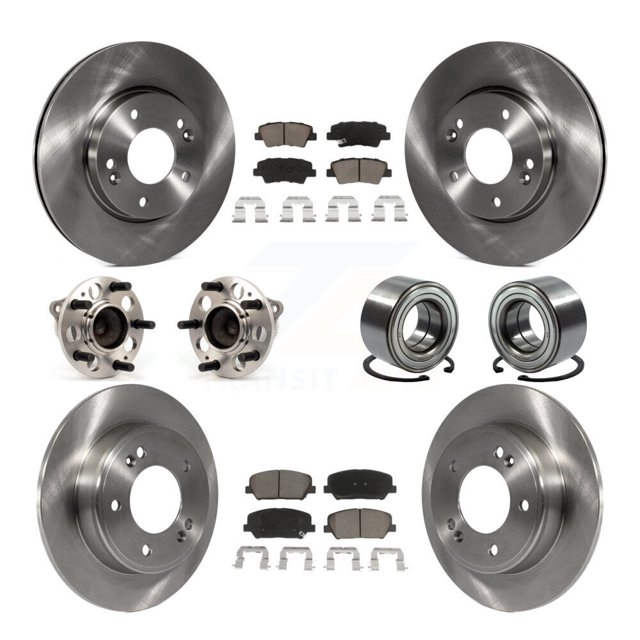 Transit Auto Front Rear Wheel Hub Bearings Assembly Disc Brake Rotors and Ceramic Pads Kit (10Pc) for Car 2014 Kia Forte LX Without 15" Factory Wheels - Left Right Side (Driver Passenger) KBB-126534
