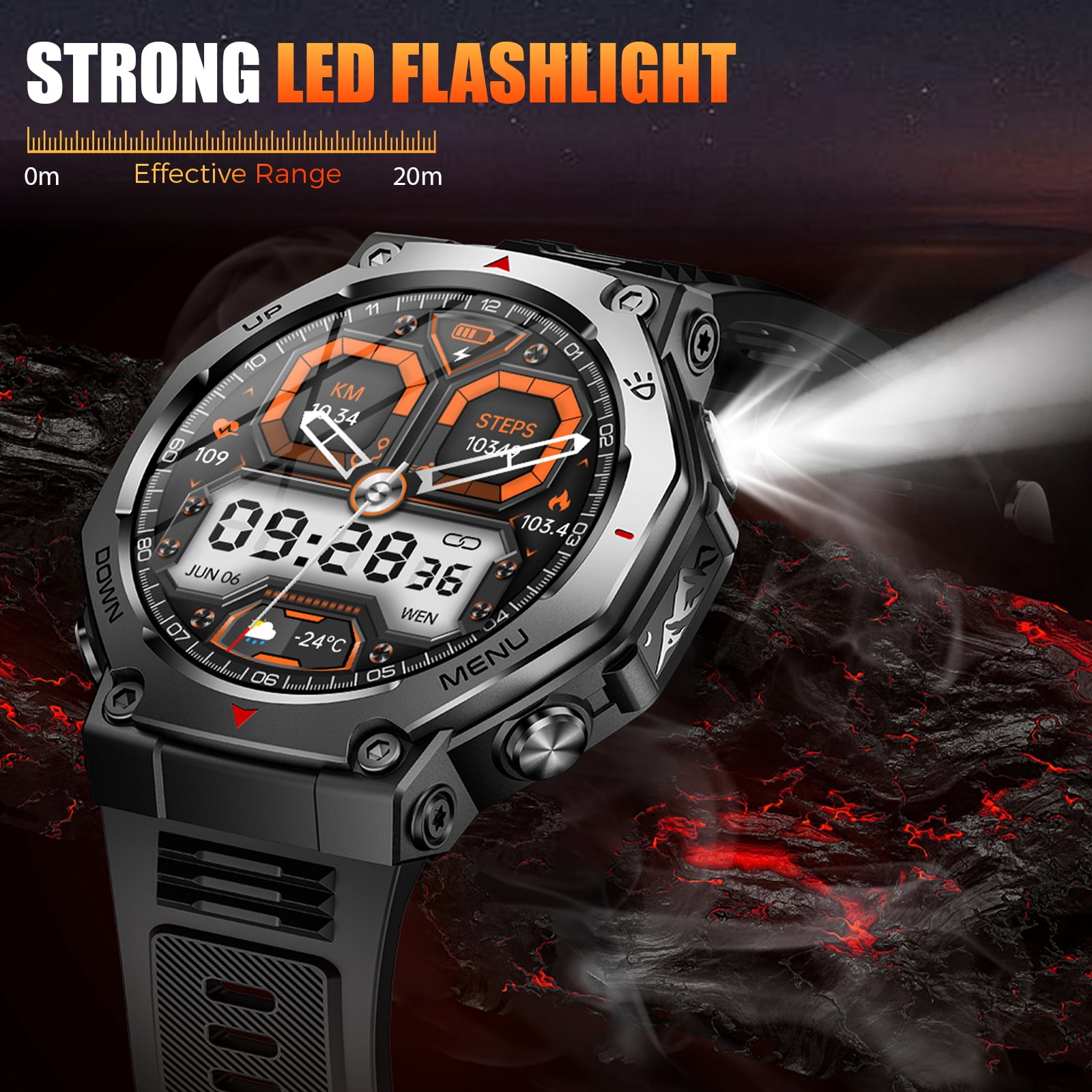 Cyberdyer KT85 Smartwatch for Man with Flashlight, 5ATM Waterproof Smart Watch with Wireless Calling, 1.43’’ AMOLED Screen Watch Compatible with iOS & Android, 1pc