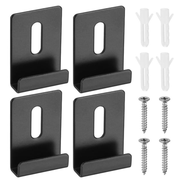 Uxcell 4Pcs Metal Mirror Holder Clips, Large Mirror Hangers with Screws, Black. Includes four black stainless steel mirror clips with paired screws and expansion anchors. Clips feature a rectangular design with rounded edges, an oval cutout for mounting, and a sturdy base for securing frameless mirrors. Rubber pads provide scratch protection. Ideal for home improvement projects involving hardware and fasteners. Suitable for mirrors with a diameter of 4-6 mm.