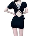 thumbnail image 2 of Women's Sexy Short Sleeve Slim Short Dress Solid Casual O-Neck Dresses Sexy Hollow Out Bodycon Mini Dresses, 2 of 8