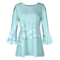 thumbnail image 4 of Pompotops Women's Casual Trumpet 3/4 Sleeve Printed Buttoned Basic Ruched Tops Pleated T-shirts Blouses On Sale, 4 of 5