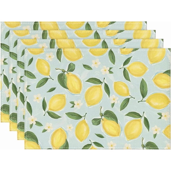 Blue Lemon Flower Floral Summer Placemats Set of 4,12x18 Inch Seasonal Spring Table Mats for Party Kitchen Dining Decoration