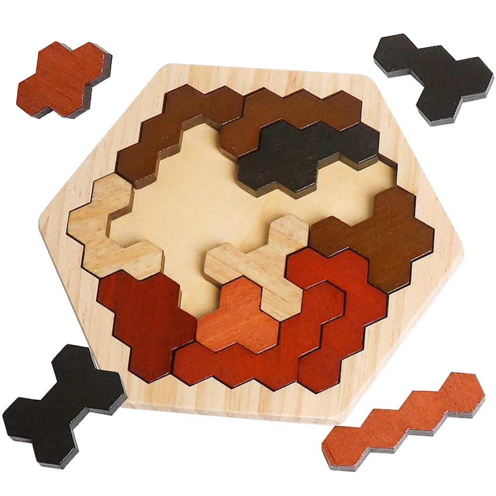 Skrtuan Rompecabezas hexagonal de madera para niños y adultos Bloque de ...