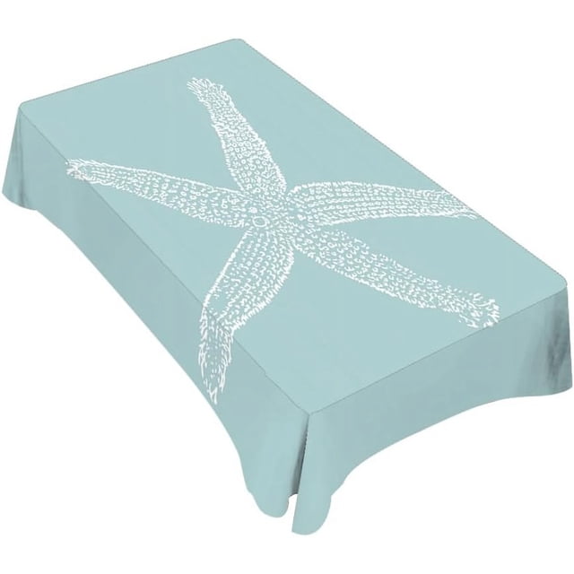 White Starfish Tablecloth 60x84 Inch Rectangular Ocean Wildlife Sketch Granular Tube Feet Tentacle Sea Cyan Oblong Table Cloth Kitchen Table Decorations for Home Dinner Party