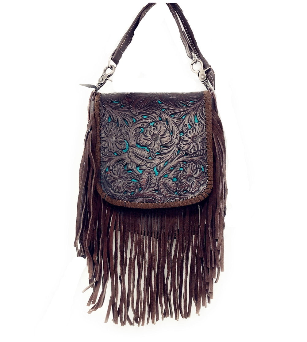Western Genuine Leather Cowgirl Crossbody Messenger Fringe Laser Cut Purse Bag