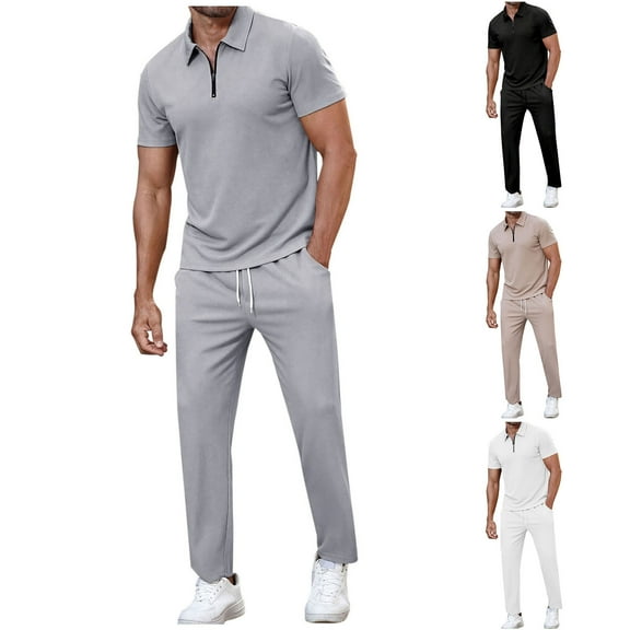 VBTAPA 2 Piece Outfits for Men Quarter Zip Polo Shirt and Pants Set Short Sleeve Casual Sweatsuit Track Suits with Pockets Khaki L