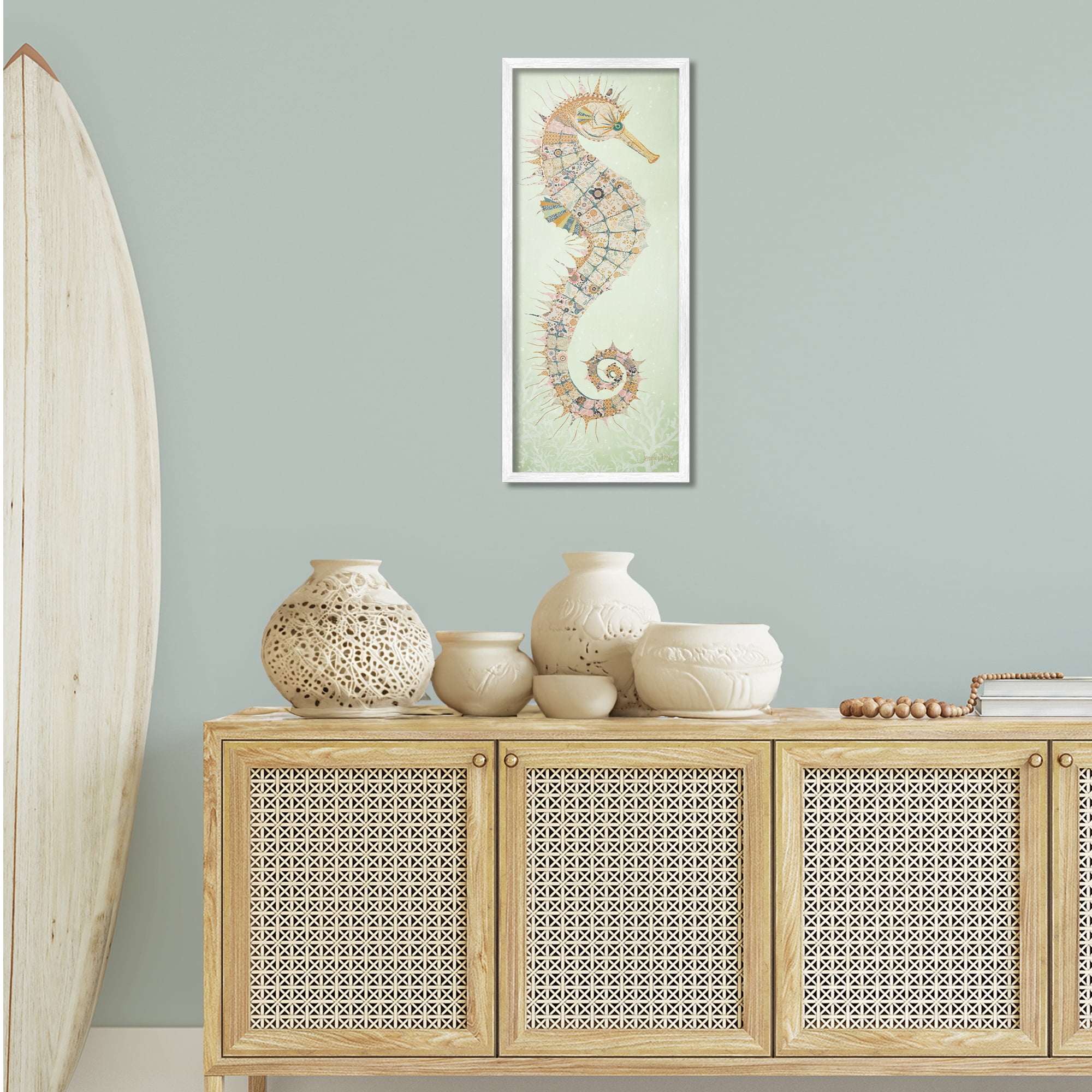 Stupell Industries Patterned Spikey Seahorse Animals & Insects Painting White Framed Art Print Wall Art, 13 x 30