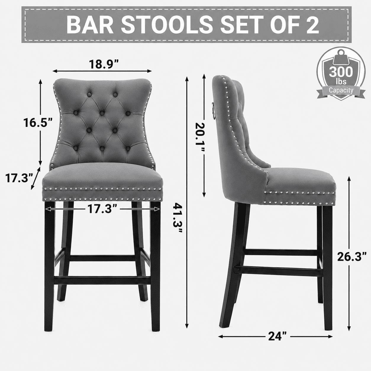 Bar Stools Set of 2, LEGAHOME Velvet Counter Height Bar Stools with Back, Button Tufted Upholstered Kitchen Island Chairs with Nailhead Trim, Solid Wood Legs, Footrest, Gray