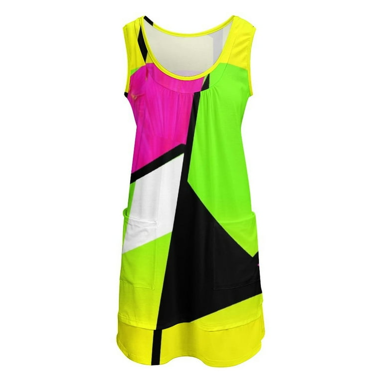 fake designer dresses Neon Color Blocking Sleeveless U-Neck Fake Two Piece Dress women evening dress  dresses for women luxury designer party