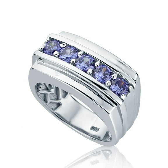Men's Sterling Silver Round Simulated Tanzanite CZ Five Stone Men's Wedding Anniversary Ring ( Size 9 to 14 )