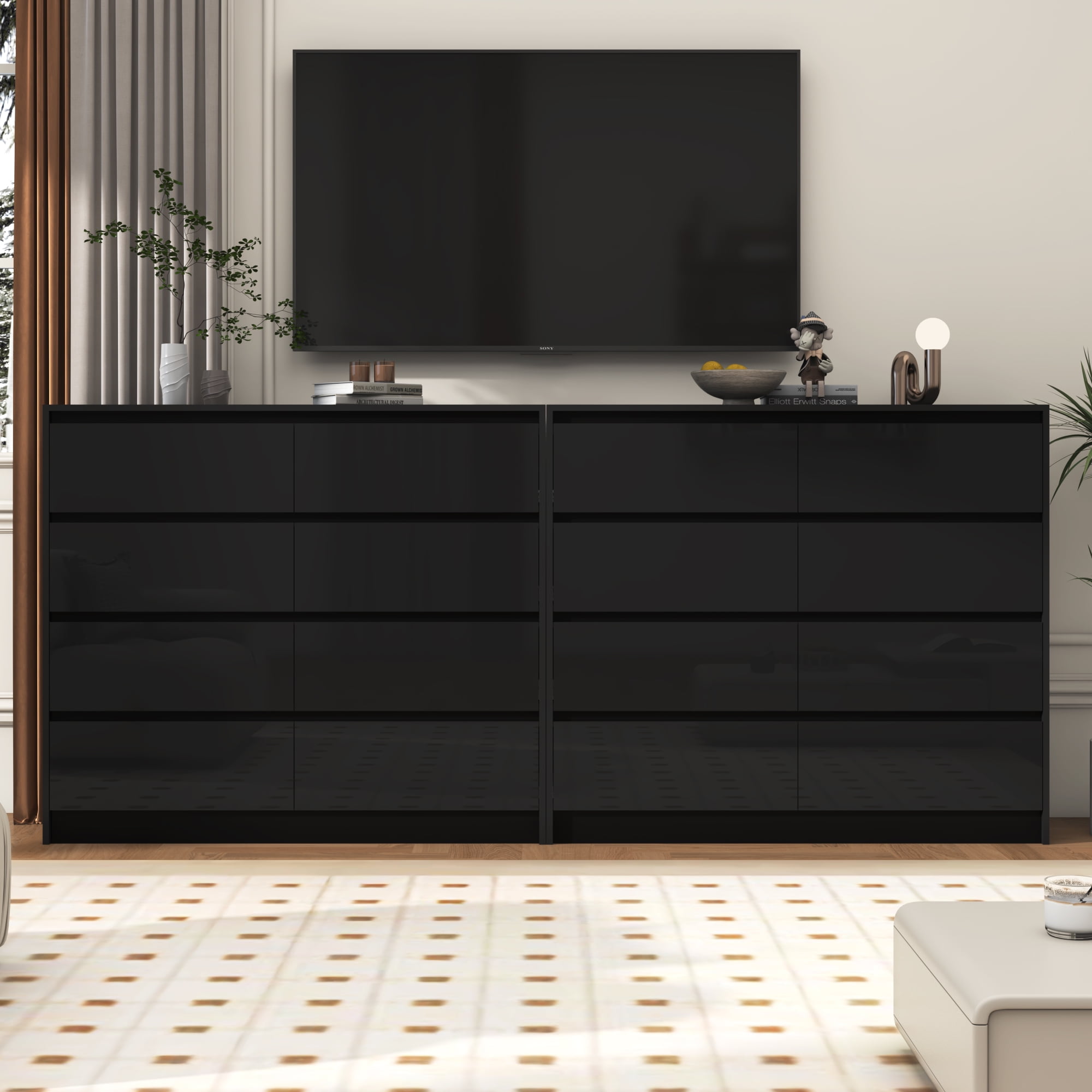 ChVans 8 Drawer Double Dresser for Bedroom, 47" Wide 41" Tall Modern High Gloss Black Dresser with Wood Chest of 8 Drawer Handle Free for Bedroom, Living Room, Entryway, Hallway