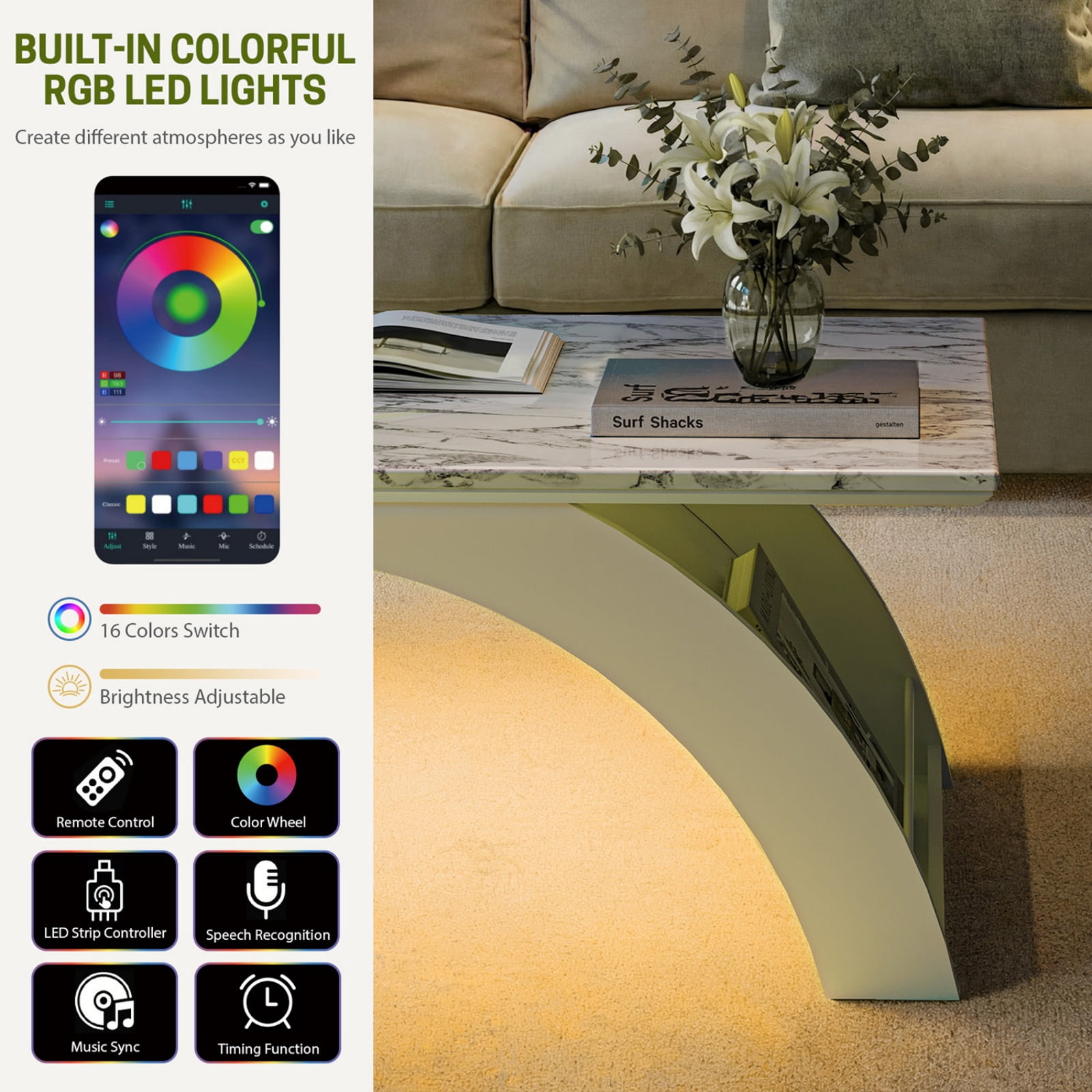 Coffee Tables for Living Room, 45" Marble Coffee Table with RGB Strip, Smart Coffee Table with Storage for Living Room/Dining Reception