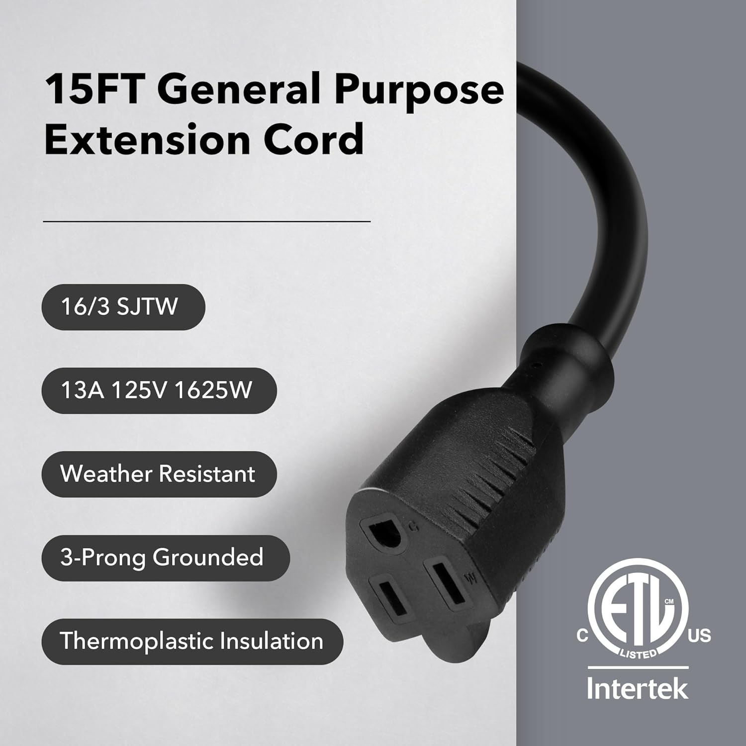 Bn-Link 15-Ft Indoor/Outdoor Extension Cord, Black photo 5