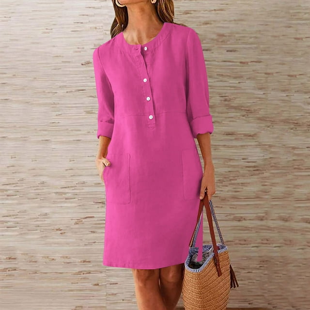 Weiqiqre Robe Athlétique pour Femmes Décontractée d'Été Confortable Longueur Genou Robes Chemise avec Poches Classique Unie à Manches Longues
