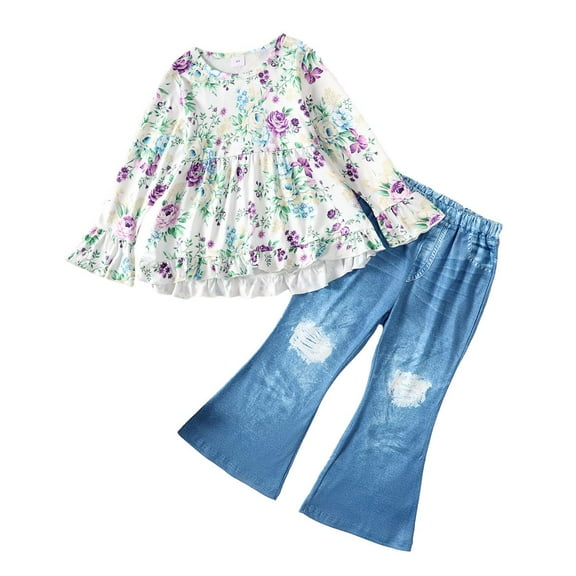 Kucnuzki 8T Little Girl Winter Outfits Pants Sets Little Girl Long Sleeve Floral Prints Peplum Top Elastic Denim Trumpet Pants 2PCS Set Purple 8 Years