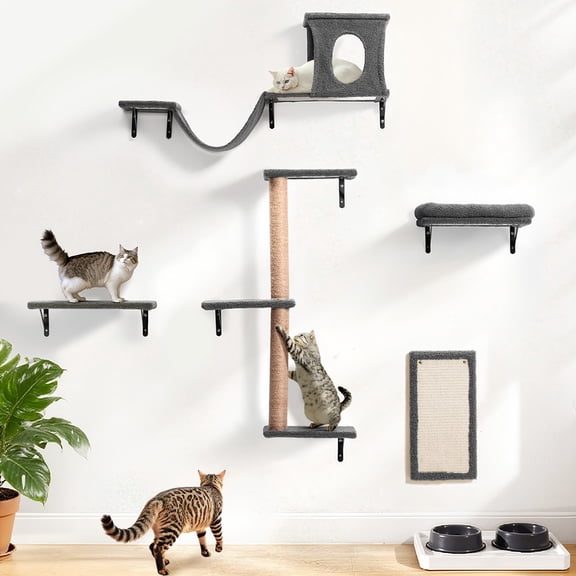 Cat Wall Shelves Perches Set, DOMIPET 5 in 1 Wall Furniture, Sleeping Playing Lounging Climbing Wall-mounted Cat Tree House for Multiple Cats