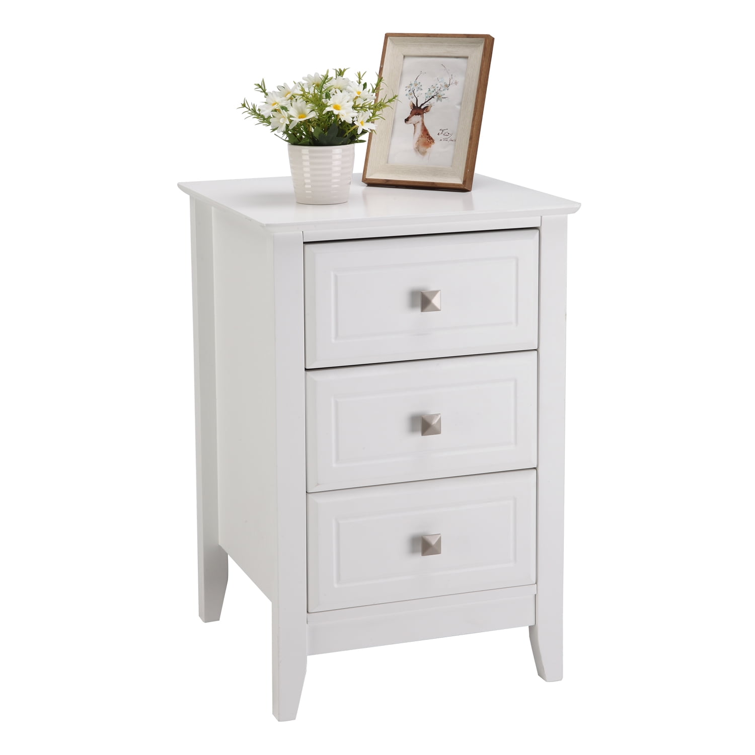 VINGLI Upgraded White Nightstand w/ 3 Drawers Modern Bedroom Wooden Bed