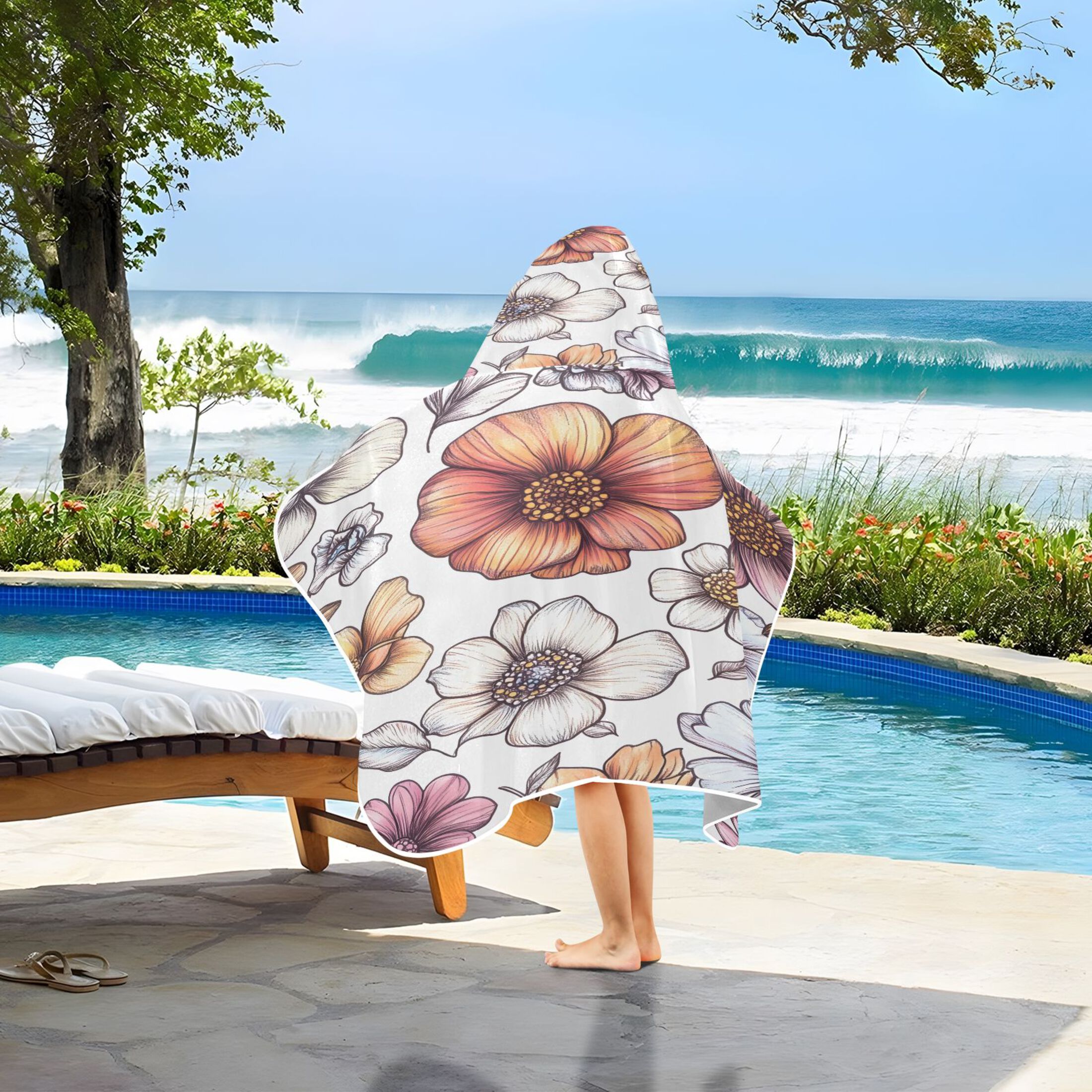 Colorful Flowers 50x23.5" Baby Hooded Bath Towel Poncho, Quick-Dry and Triangle Pocket, Kids' Essential