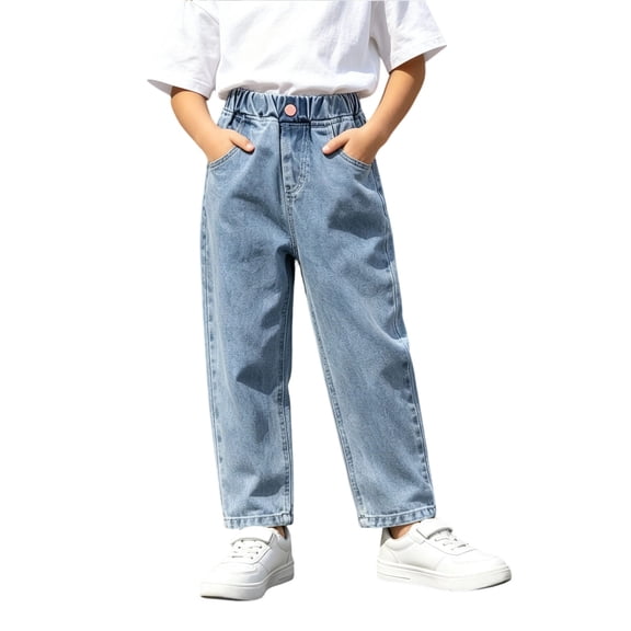 WQNVRNR Girls Straight Jeans Heart Print Casual Elastic Waist Fall Winter Kids Denim Blue 10 Years