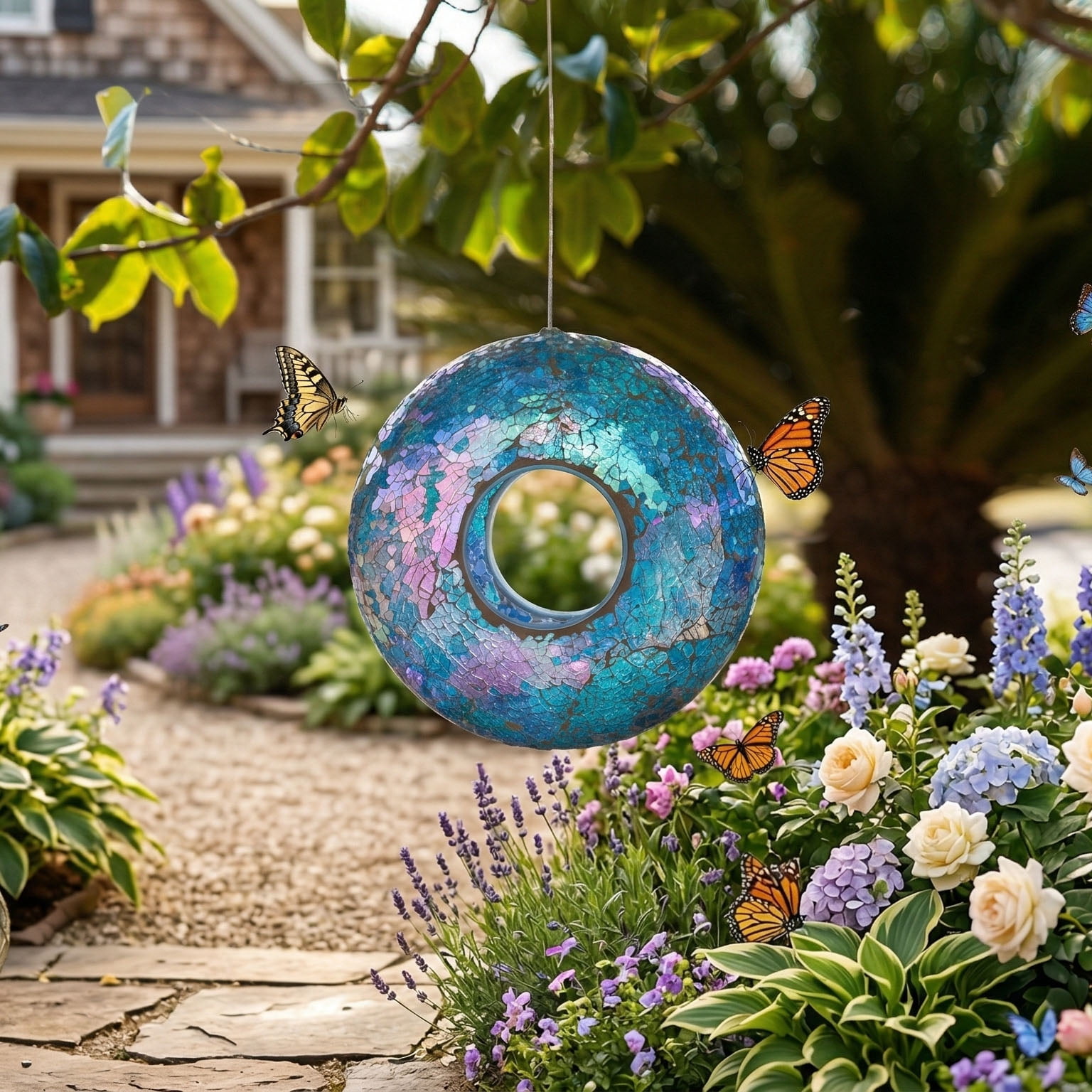 a ting garden hanging bird feeder mosaic circle for outdoor decoration,blue