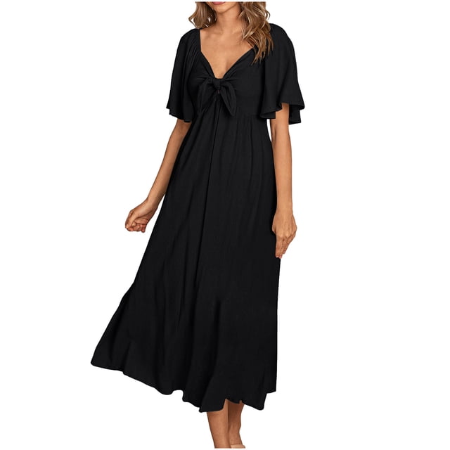 Yuyuzo Robe Bohème pour Femmes 2025 à Volants à Manches Courtes Longue Robe Décolleté en V Profond Nœud à l'Avant Décontractée Fête Plage Robe Maxi