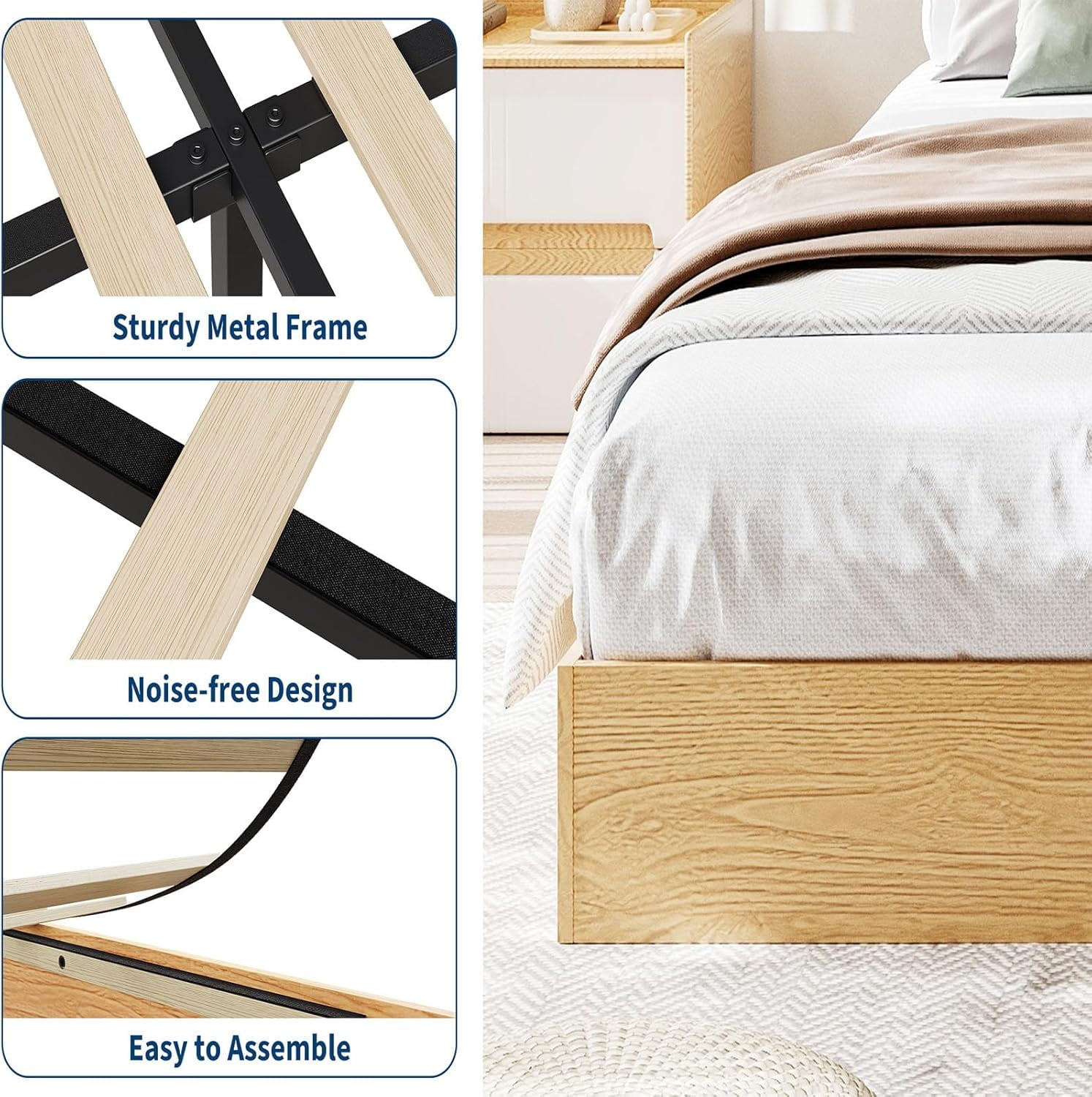 Senfot Twin-XL Size Wood Platform Bed Frame, Minimalist Wooden Bed without Headboard, Slat Support, No Box Spring Needed, Easy Assembly, Orange