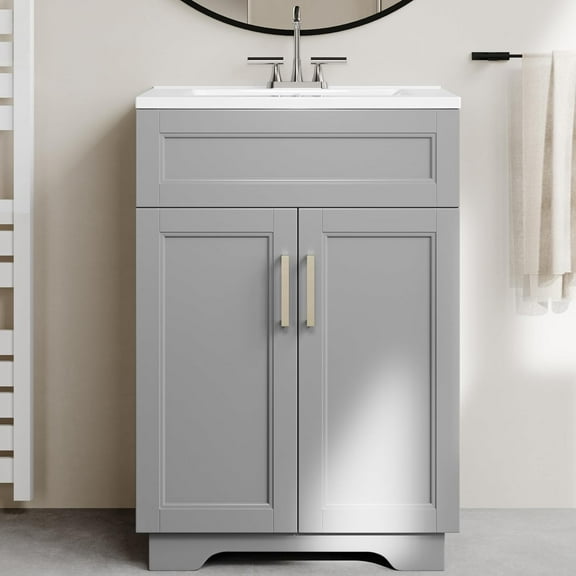 OLD CAPTAIN Bathroom Vanity with Ceramic Sink, Wooden Double Door Bathroom Storage Vanity with 24 Inch, Small Quick Assembly Bathroom Cabinet, White & Grey