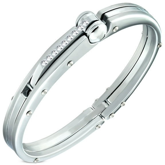 Fashion Alloy White CZ Silver-Tone Mens Handcuff Bracelet