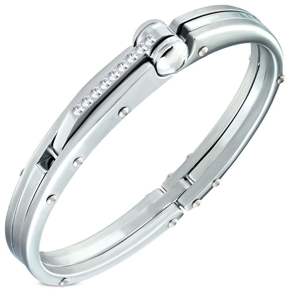 Fashion Alloy White CZ Silver-Tone Mens Handcuff Bracelet