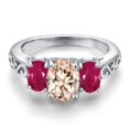 thumbnail image 3 of Gem Stone King 925 Sterling Silver Peach Morganite and Red Ruby Filigree Style 3 Stone Ring for Women (2.20 Cttw, Oval 8X6MM and 6X4MM) (Size 5), 3 of 6