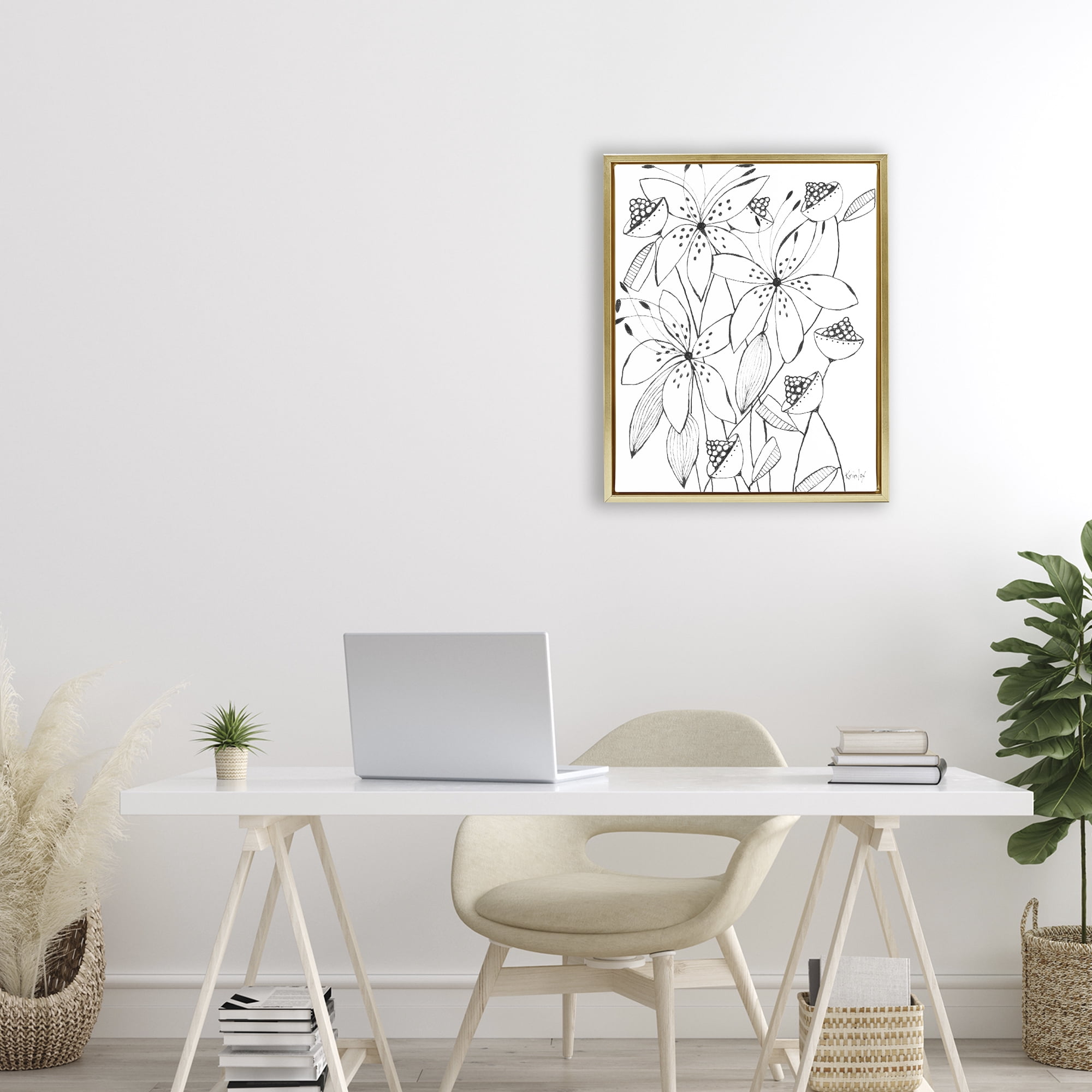 Stupell Industries Open Blooms Outline Gold Framed Floater Canvas Wall Art, design by Krinlox