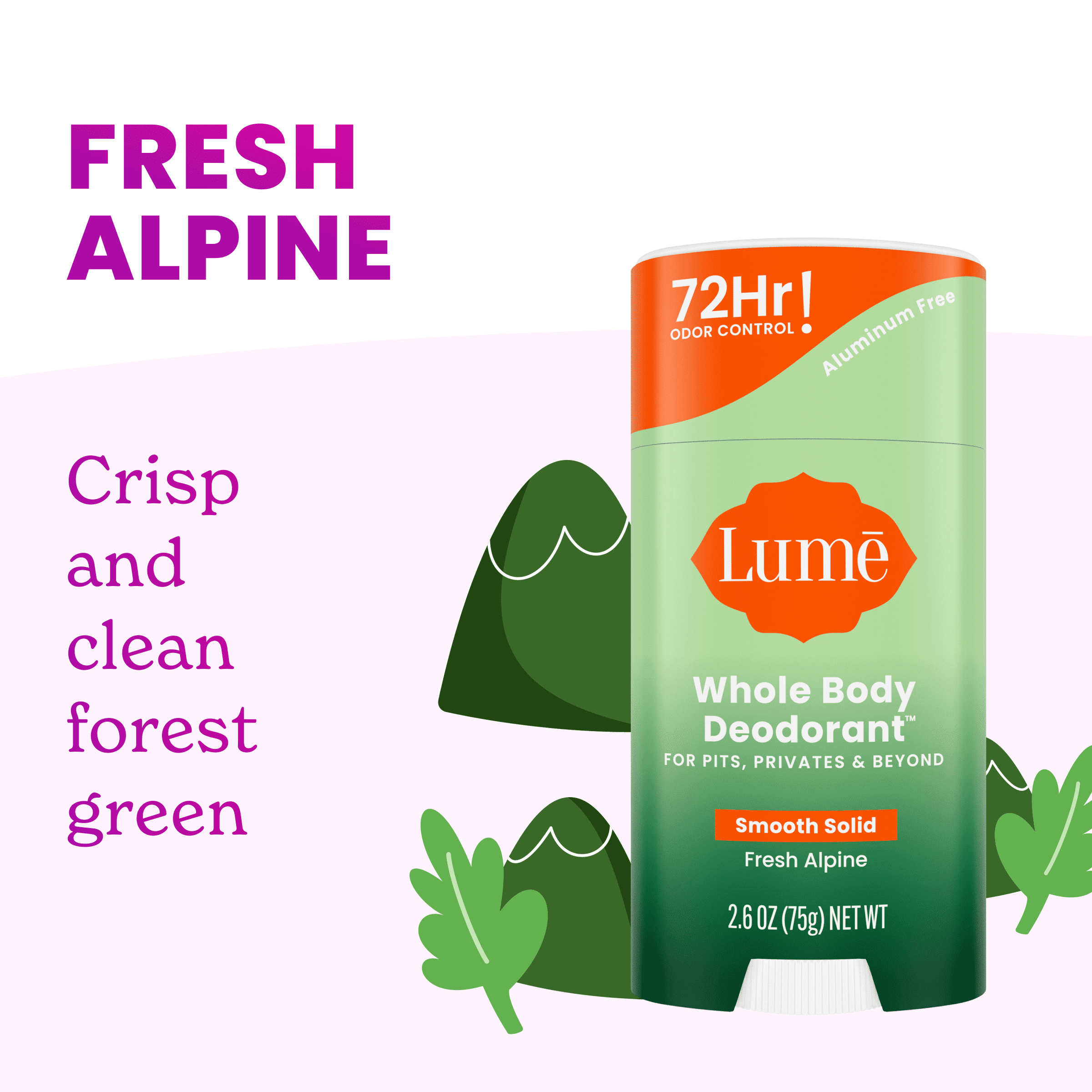 Lume Whole Body Deodorant Solid Stick - 72 Hour Odor Control - Aluminum Free, Baking Soda Free and Skin Safe - Fresh Alpine, 2.6oz (2 Pack)