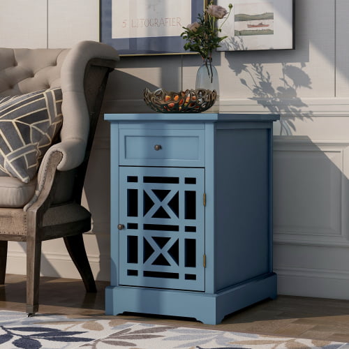Retro End Table With Storage, Navy Side Table With Storage
