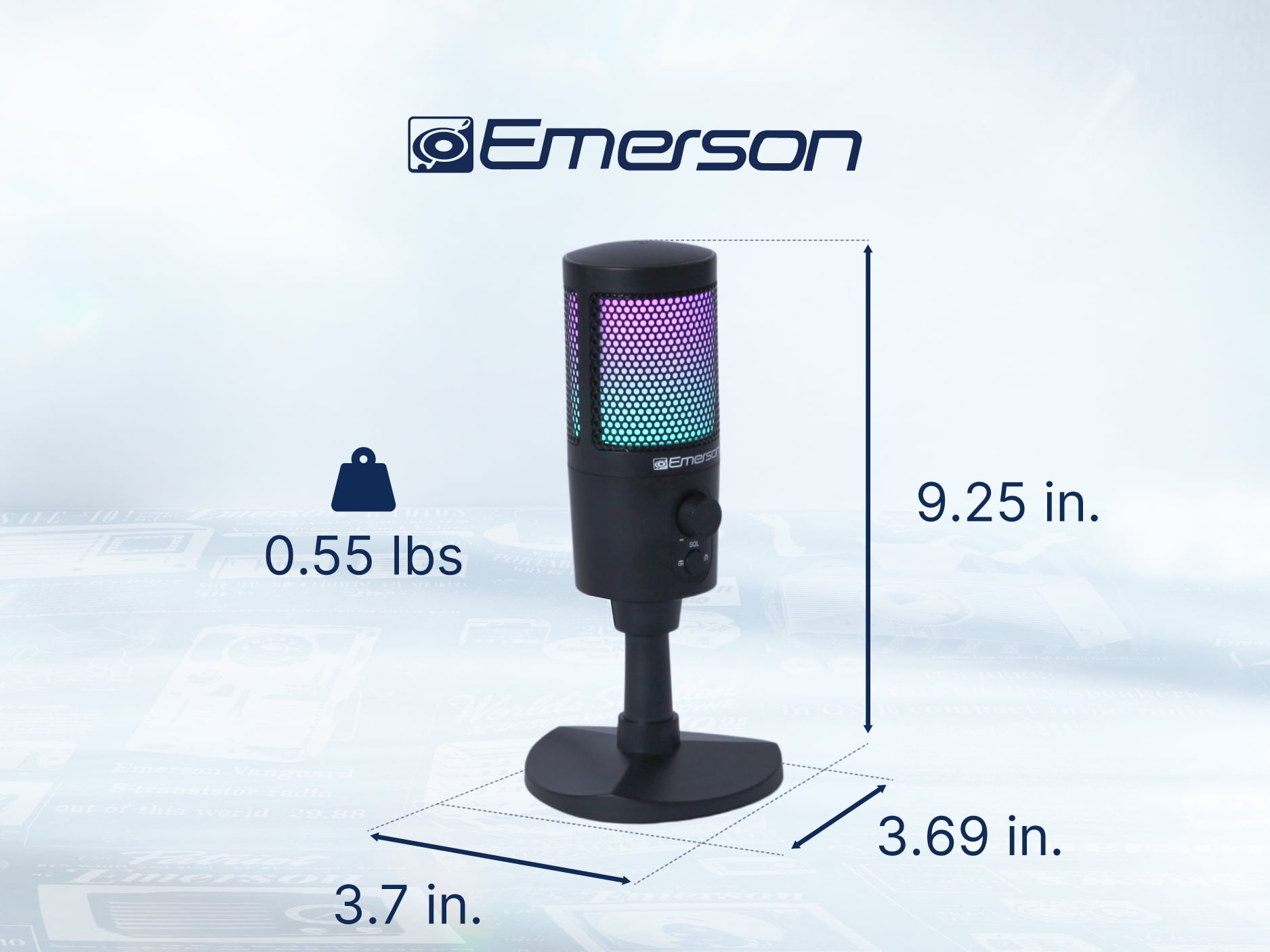 Emerson USB Gaming & Streaming Microphone with RGB Lighting with Tap-to-Mute