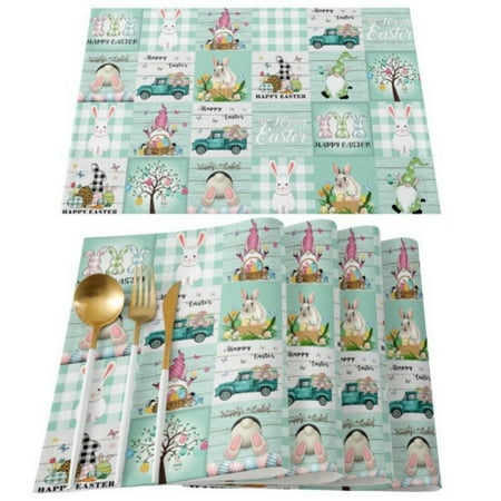 

Spdoo Easter Placemats 4pcs Cotton Linen Stain Resistant Colorful Rabbits Eggs