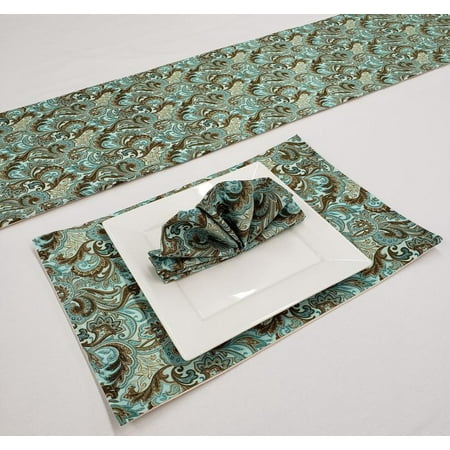 

Brown & Teal Paisley Placemat Table Runner Cloth Napkins Set by Penny s Needful Things (6 Napkins & 6 Placemats) (6 Feet Long Table Runner) (Gray)