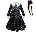 thumbnail image 1 of 2023 Wednesday Addams Cosplay Costume Set Girls Black Printed Dress Carnival Party Disguise, 1 of 3
