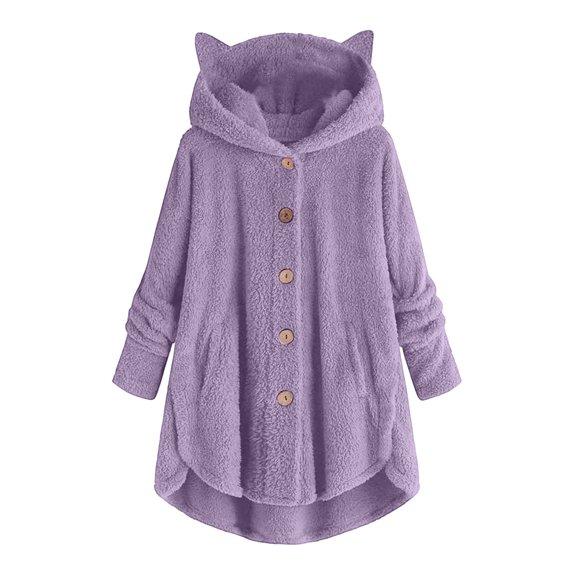 XFLWAM Fleece Jackets for Women Plus Size Button Plush Tops Hooded Patchwork Loose Cardigan Wool Coat Winter Jacket