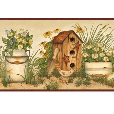 - 878402 Buckets of Blooms Birdhouses Wallpaper Border AAI08053b