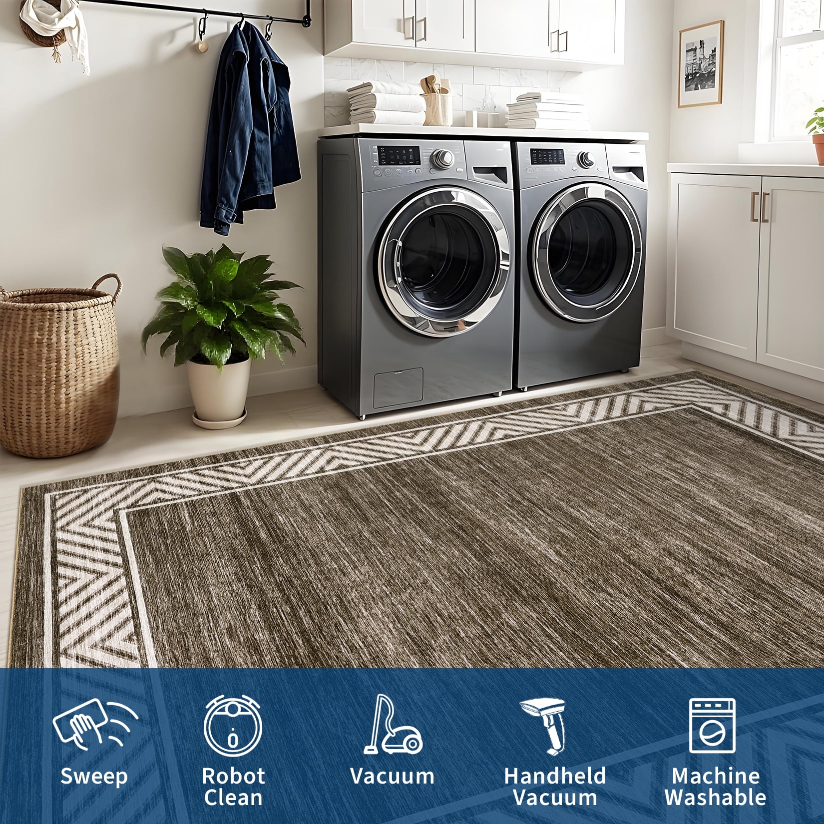 Garvee 10'x13' Geometric Bordered Area Rug Living Room Carpet, Washable Rug Non-Slip Non-Shedding Low Pile Floor Mats for Bedroom Home Office, Brown