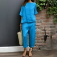 thumbnail image 2 of MDUKONU Women's Linen 2-Piece Set - Loose Short Sleeve Top & Cropped Wide Leg Pants Blue L, 2 of 6