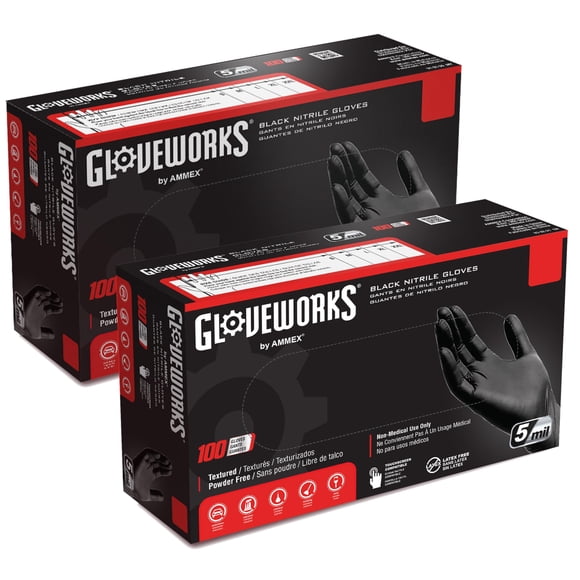 GLOVEWORKS Black Nitrile Gloves 5 Mil Disposable for Food Service, Cooking, Professional Cleaning, Size Large, 2 Boxes of 100