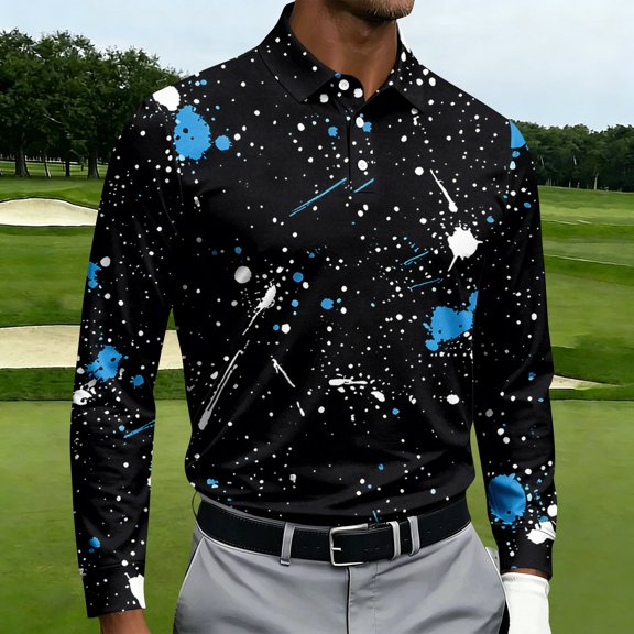 CCRFTGI Long Sleeve Shirts for Men Three Button Slim Fashion Golf Daily Casual Pullover Tops Black M