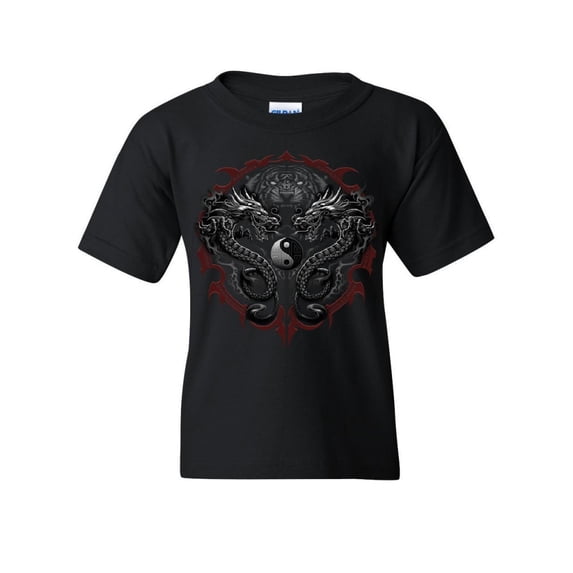 Tee Hunt Bengal Rising Dragons Youth T-Shirt Asian Art Wild Tiger Yin and Yang Kids Tee, Black, Large