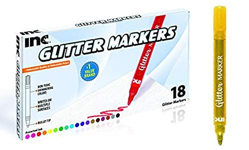 INC GLITTER MARKERS 18 Assorted Colors for Kids Gift Non-Toxic Water Based Glitter Marker Pens Writes on Multiple Surfaces with Bullet tip for Adult Coloring Books, Craft, Doodling, Drawing, Gift Card