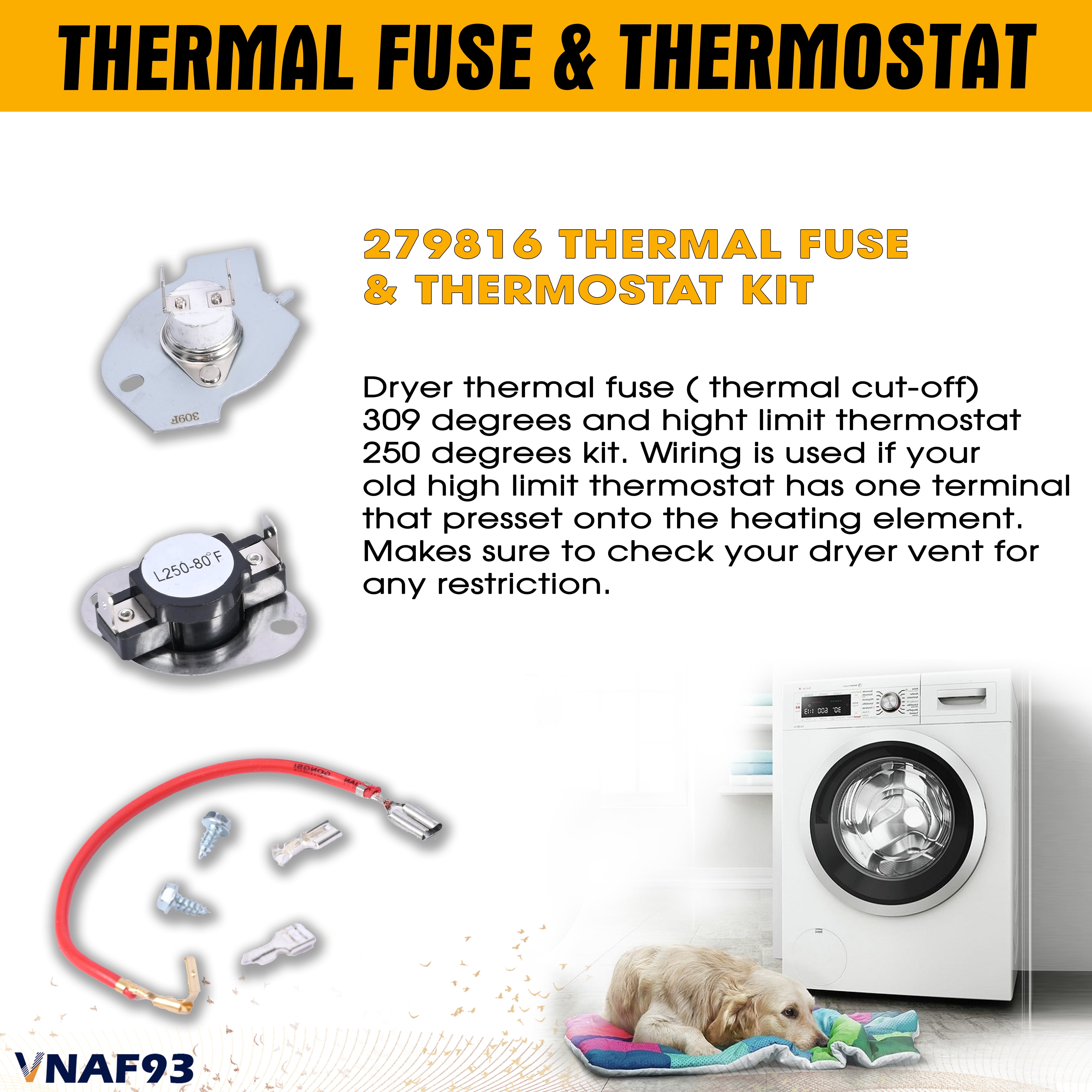 Upgraded 3387747 Dryer Heating Element for Whirlpool Kenmore Maytag Dryer, WP3387747 W11344457 W11045584 Dryer Heater Heating Element with 3392519 279816 279973 Thermal Fuse Kit for Whirlpool Dryers