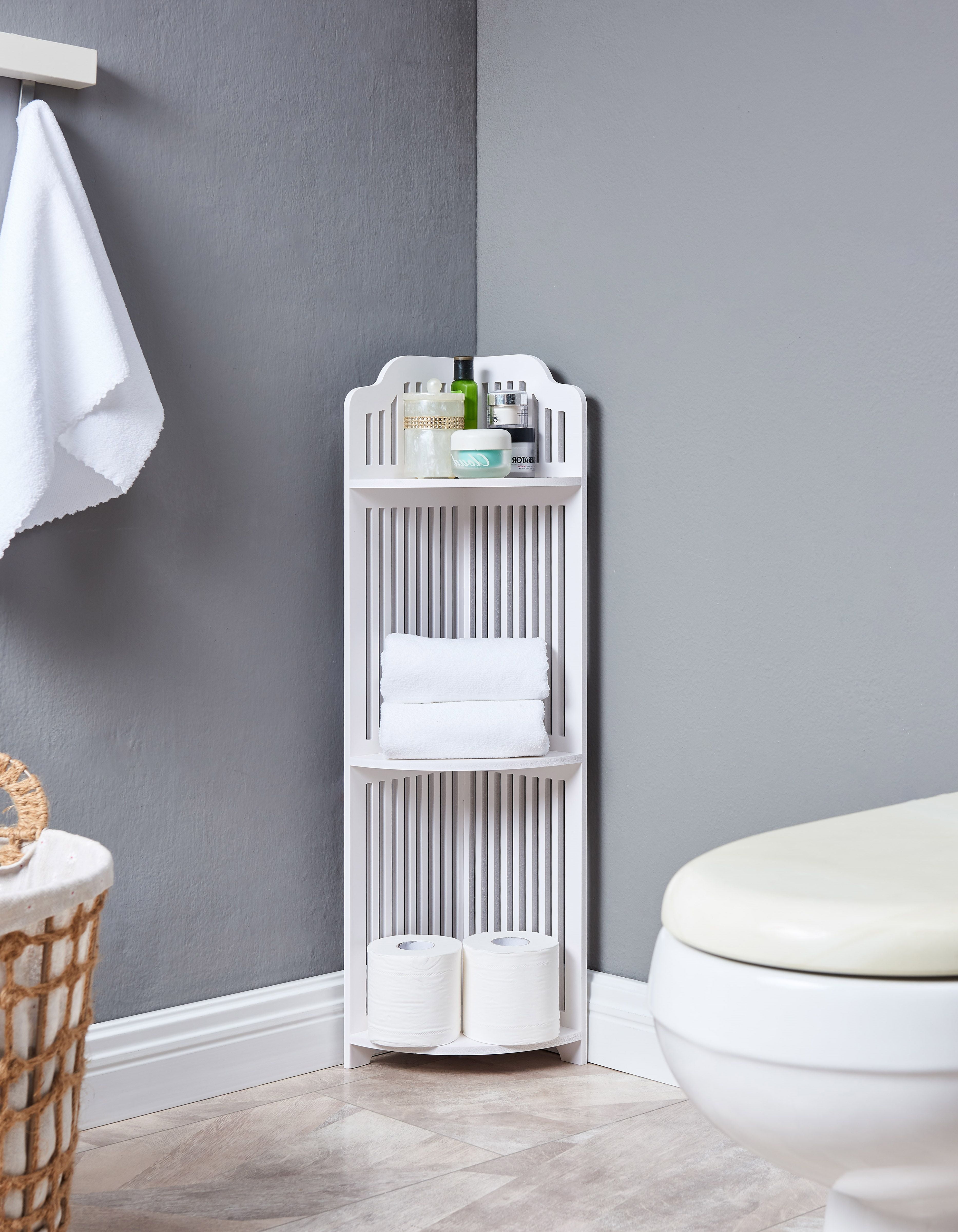 Adams 3 Tier Freestanding Corner Bathroom Storage Organizer, White Wood