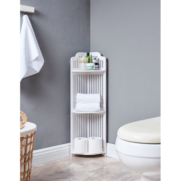 Adams 3 Tier Freestanding Corner Bathroom Storage Organizer, White Wood