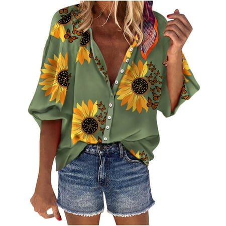 

Christmas Clearance Women s Office Elegant Female Solid Color Button Shirt Casual Loose V Neck Printed Top Long Sleeve Shirt